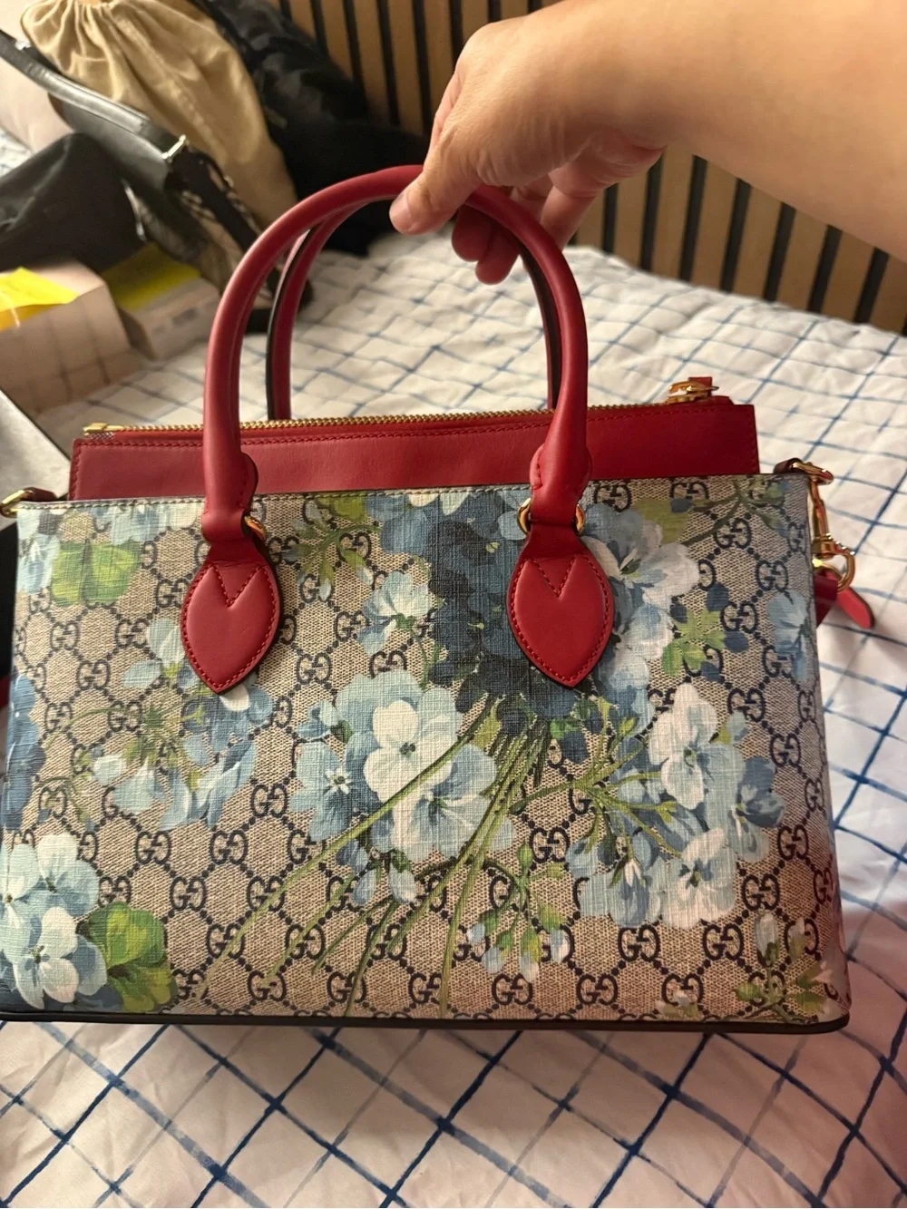 Gucci Floral GG Supreme Satchel with Red Leather Trim